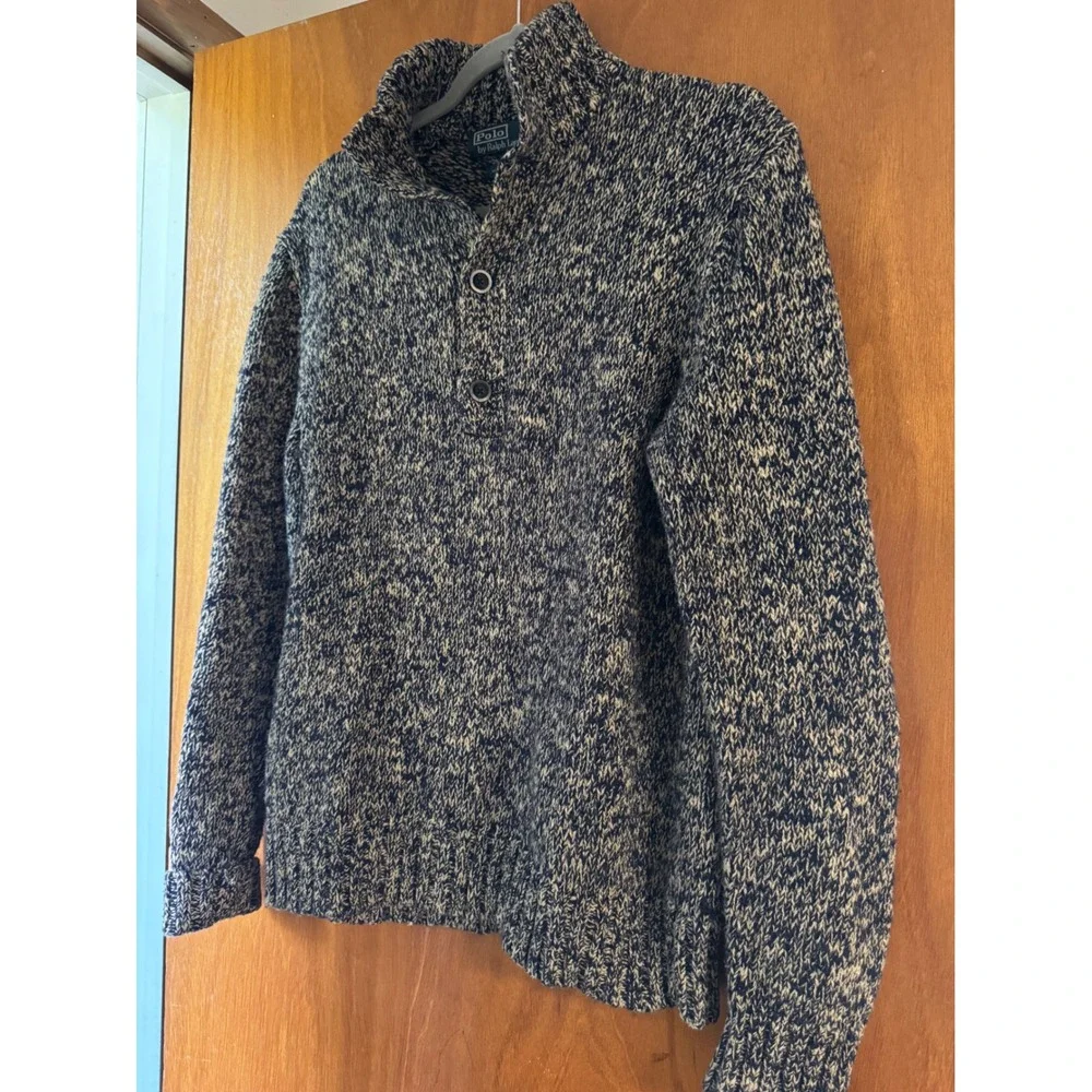 Polo Ralph Lauren Mens Marled Cotton Chunky Knit Button Mock Sweater M